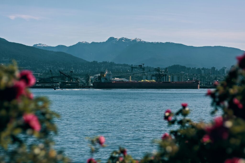 a large ship in the water outside of Vancouver British Columbia